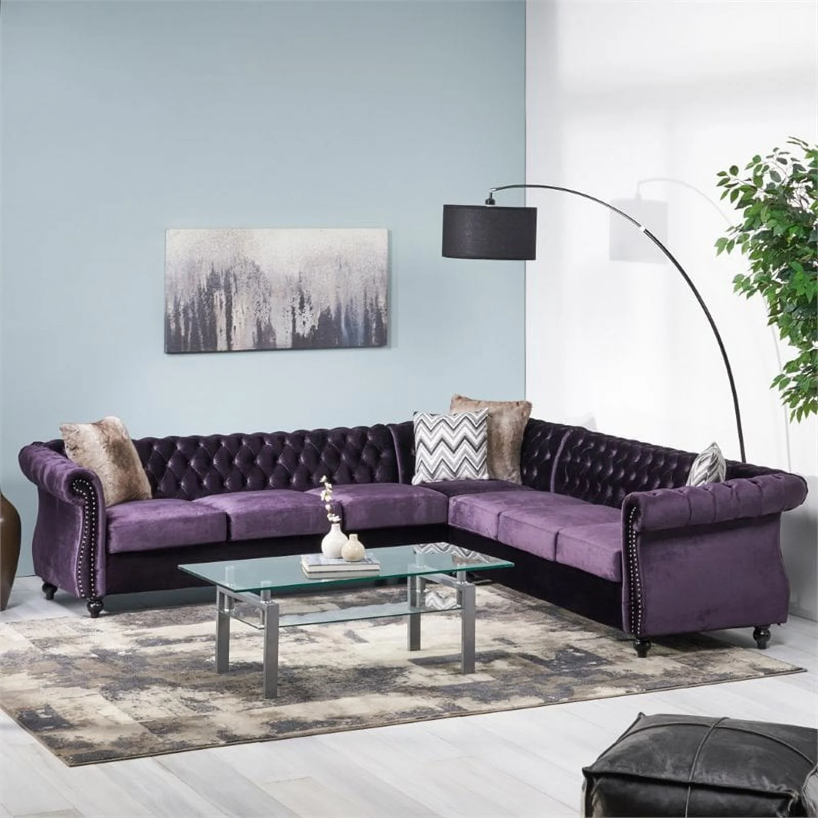 Pemberly Row 7 Seat Velvet Tufted Chesterfield Sectional in Blackberry