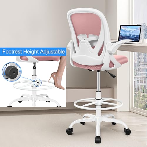 Primy Drafting Chair Tall Office Chair with Flip-up Armrests Executive Ergonomic Computer Standing Desk Chair with Lumbar Support and Adjustable