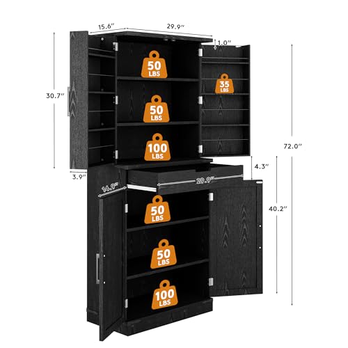 72" Tall Storage Cabinet, Kitchen Pantry Cabinet with Adjustable Shelves & Sturdy Steel Frame, Farmhouse Pantry Storage with 4 Barn Doors for Kitchen