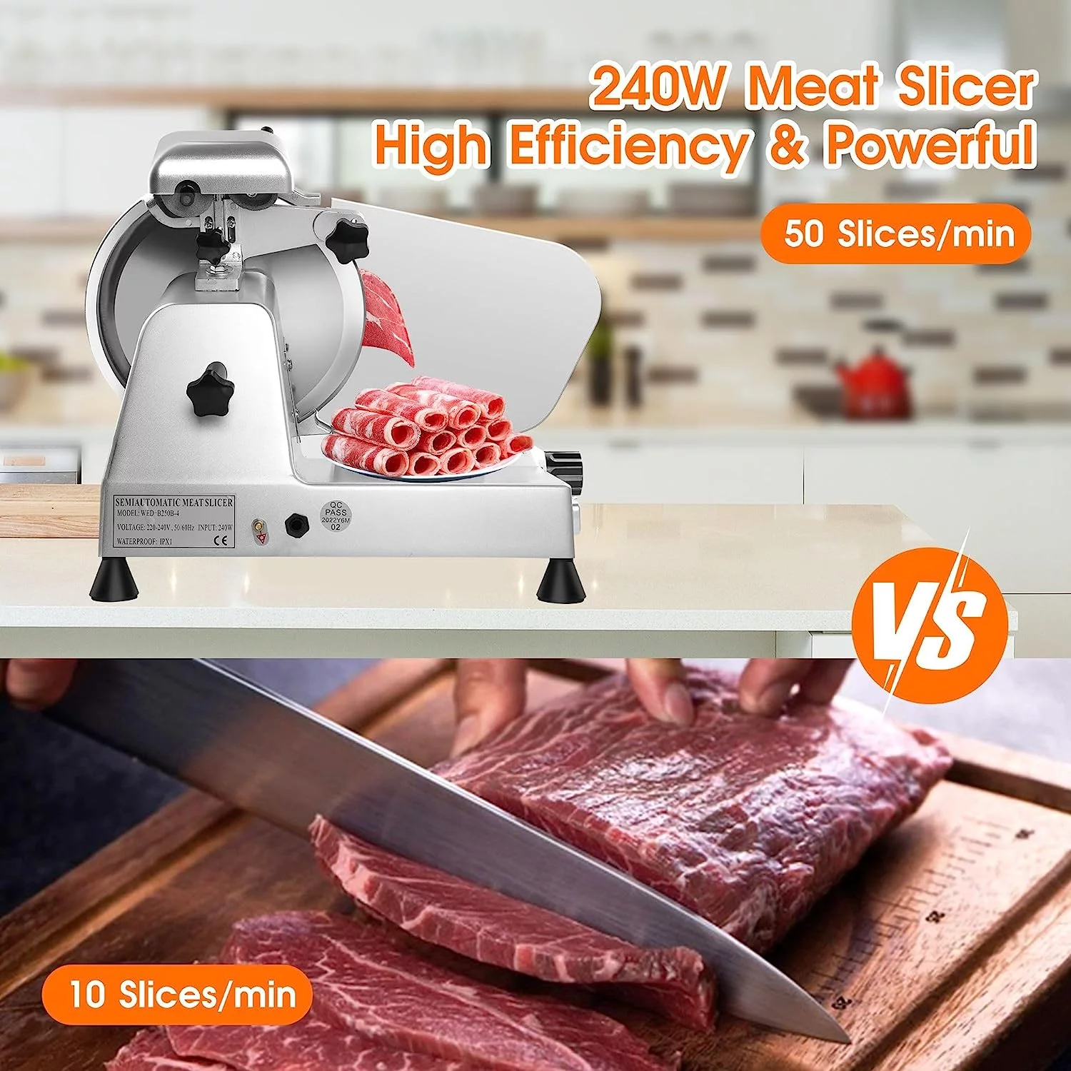Meat Slicer Machine 10 inch Commercial Meat Slicer 240W Frozen Meat Cheese Deli Slicer Premium Chromium-Plated Steel Blade Semi-Auto Foody Slicer