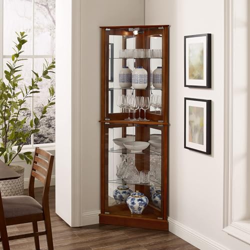Corner Curio Cabinet with Lights, Glass Display Cabinet with Adjustable Tempered Glass Shelves & Mirrored Back, Walnut (Light Bulb Not Included)