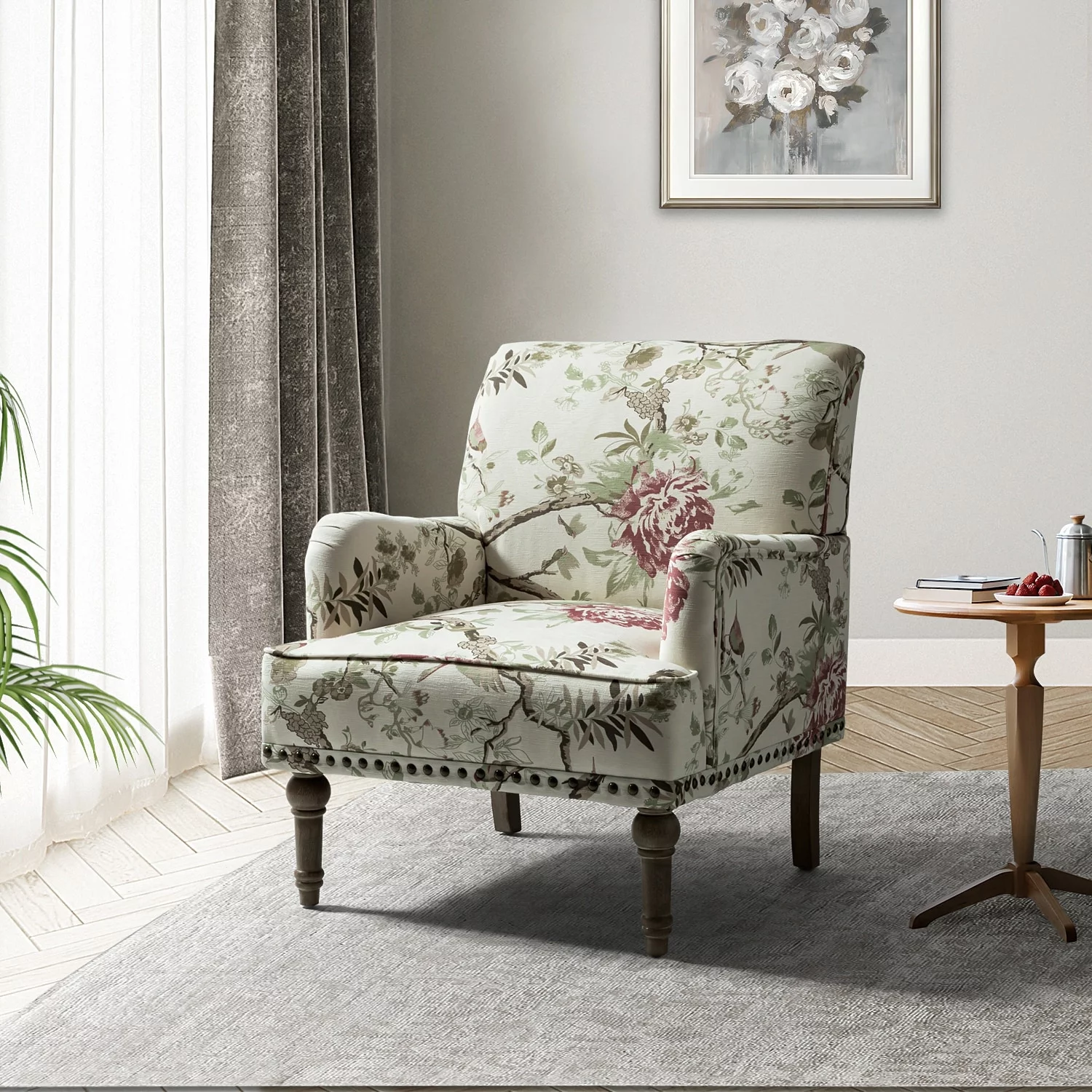 HULALA HOME Geltrude Traditonal Floral Fabric Design Upholstered Accent Armchair with  Turned Legs by  NAVY Floral