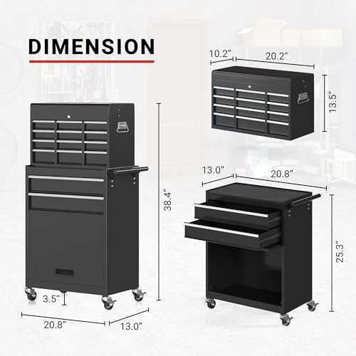 Tool Chest,5-Drawer Rolling Tool Storage Cabinet with Enhanced Packaging, Detachable Top Tool Box, Metal Tool Cart for Garage Workshop,Black, ATC001BK