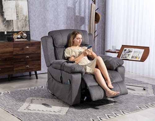 Light Grey Recliner Chair for Elderly | Tall and Big Man 400lbs | Chenille | Power Lift, Lay Flat, Stand Up, Wireless Charging Device