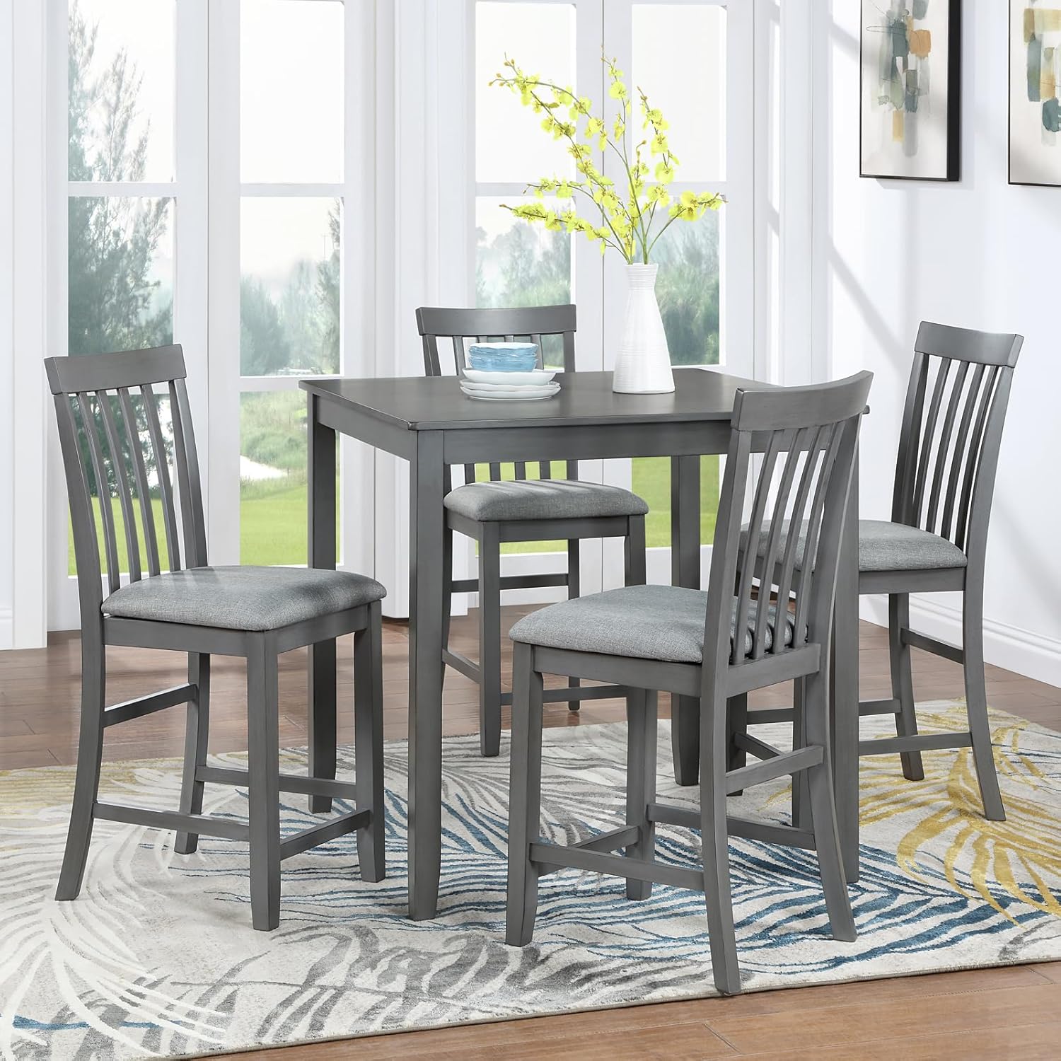 5 Piece Counter Height Dining Table Set for 4, Farmhouse Kitchen Table Set with 4 Vertical Back Upholsterd Chair