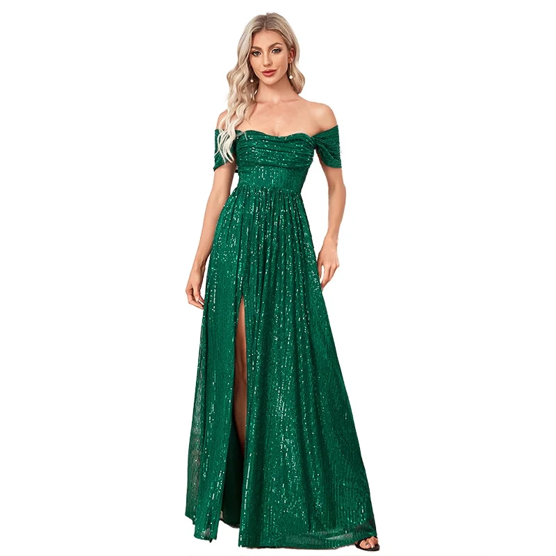 Wedding Dress Wedding Guest Dresses for Women Popular Card Shoulder Straight Collar A-line Slit Dinner Dress Long Dress Women Beads