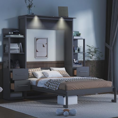 Harper & Bright Designs Full Size Murphy Bed Wall Bed with Storage Shelves, Drawers and LED Lights