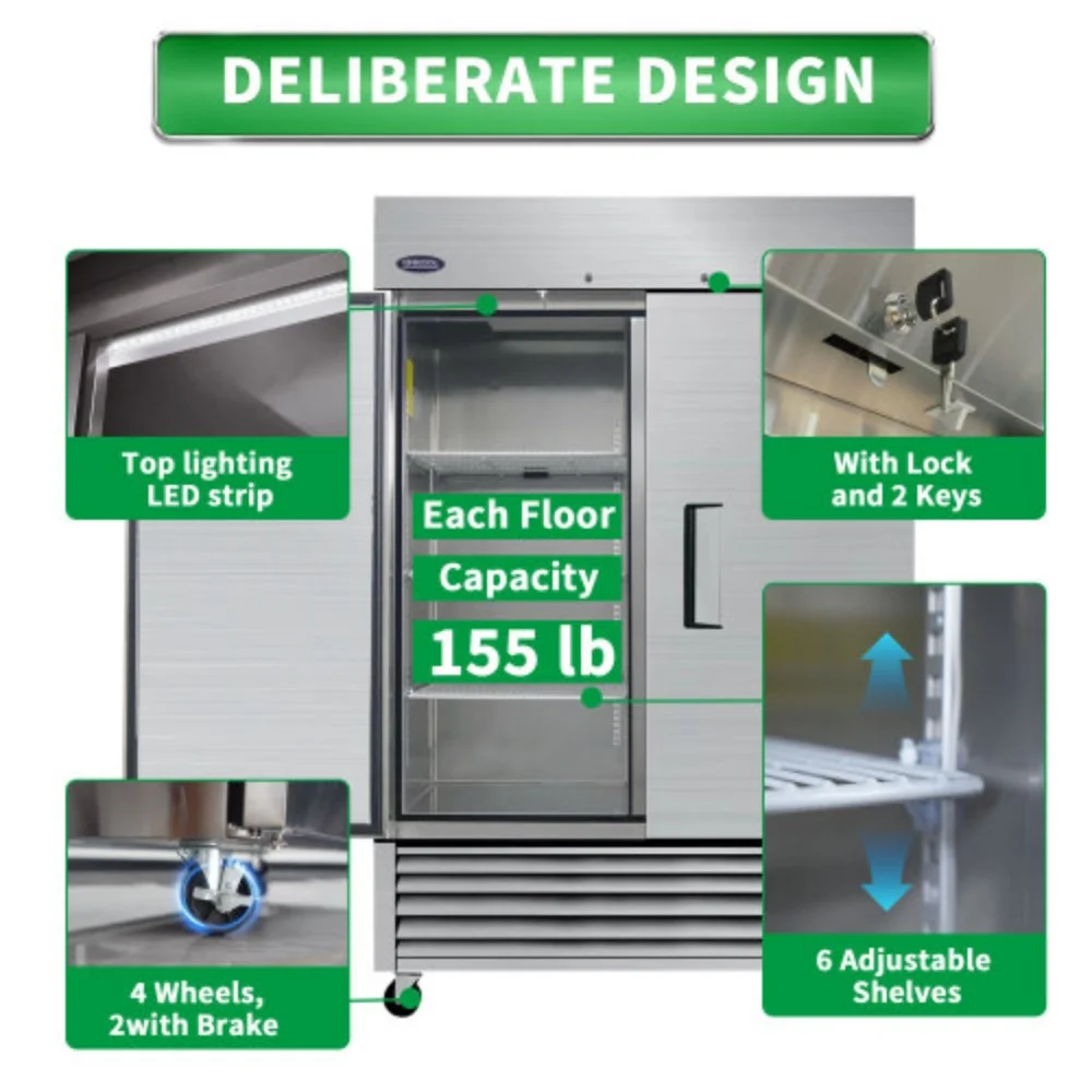 ORIKOOL 54" Commercial Refrigerator 49 Cu.ft with 2 Solid Door Reach-In Refrigerators Stainless Steel ETL Approved Upright Fridge Storage  Silver +