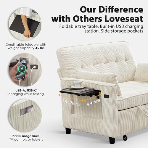 Sleeper Sofa Bed, 52‘’ Convertible Pull Out Couch with Small Table| USB Port | Side Pockets | Corduroy Fabric | Adjustable Backrest for Apartment