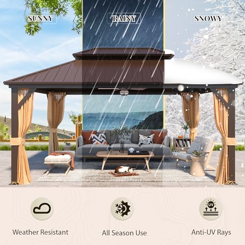 YOLENY 10' x 12' Hardtop Gazebo, Metal Gazebo with Aluminum Frame, Double Galvanized Steel Roof, Curtains and Netting Included