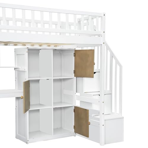 Gaming Bed with Desk,Wardrobe,Ample Storage Space,and RGB LED Light, Full Size Wood Loft Bed for Kids Bedroom (Cloud Blue/K)