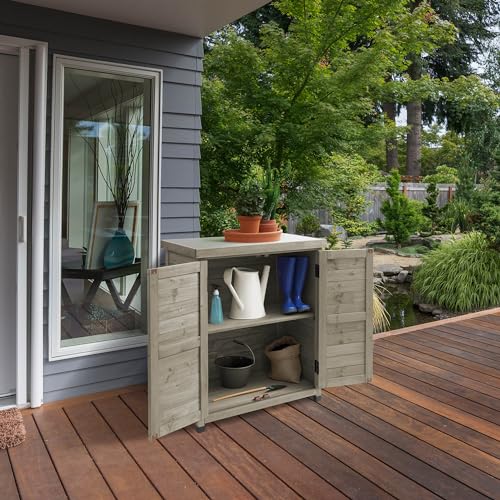 Casafield Outdoor Garden Potting Bench with Metal Tabletop and Storage Cabinet - Wooden Outdoor Garden Patio Workstation Table, Gray