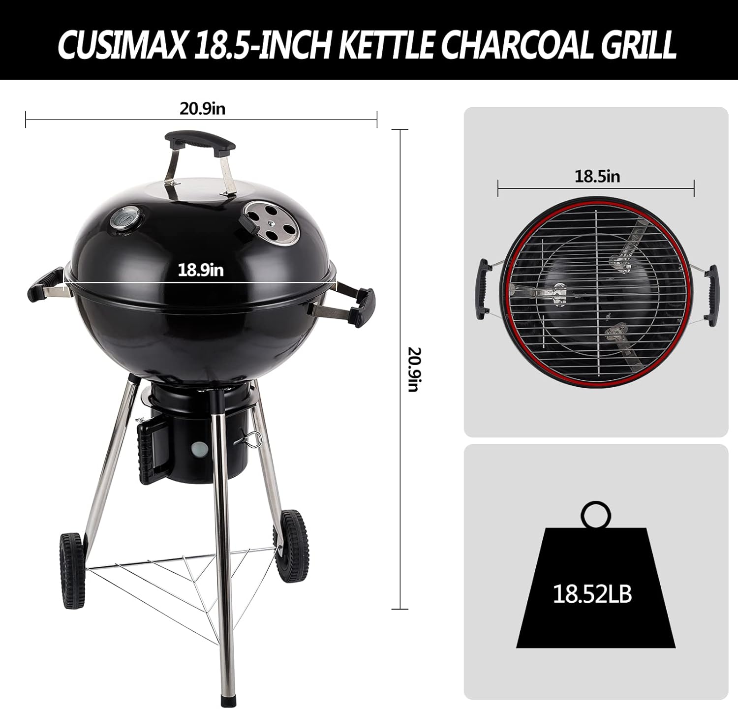 CUSIMAX Charcoal Grill Portable BBQ Grill Kettle 22.5 inch, Outdoor Grills & Smokers for Patio Backyard Barbecue Camping, Black