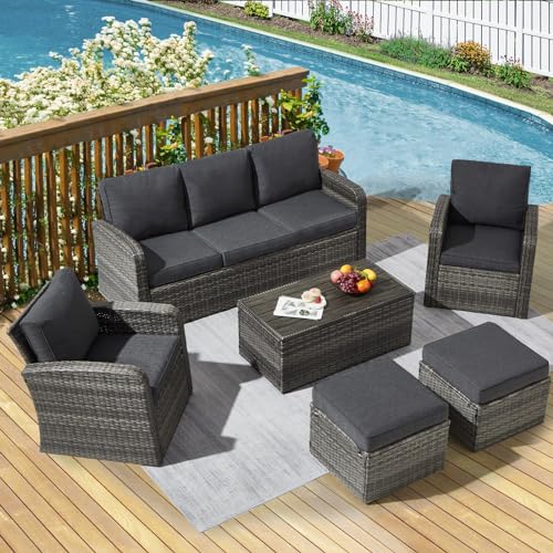 6 Pieces Patio Furniture Sets w/Cushions and Coffee Table, All Weather Wicker Outdoor Patio Conversation Sets w/Comfy Armrest