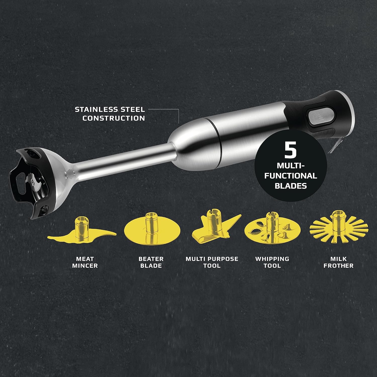 BergHOFF X5 Pro Stainless Steel Handheld Food Processor With 5 Multifunctional Blades, 1000W, 18000 RPM, 13ft Expandable, Low Noise, 16-Speed Control