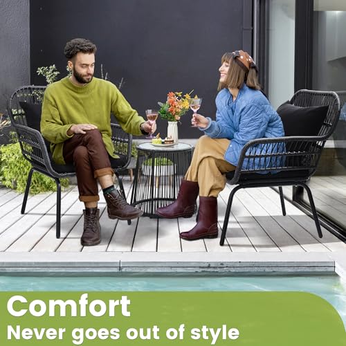 3 Piece Rattan Wicker Bistro Set, Outdoor Conversation Furniture Set with Glass Top Table, Space Saving for Balcony, Backyard, Natural