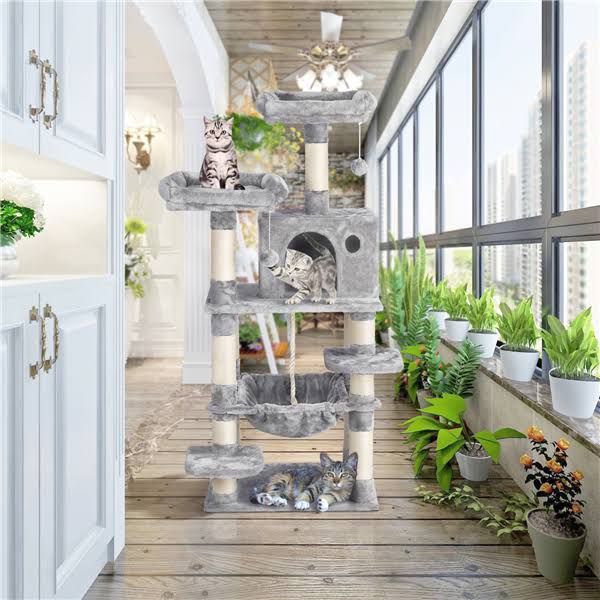 Yaheetech 58-in Cat Tree u0026 Condo Scratching Post Tower, Gray, Size: 24 x 19 x 59 (Large x W x H)