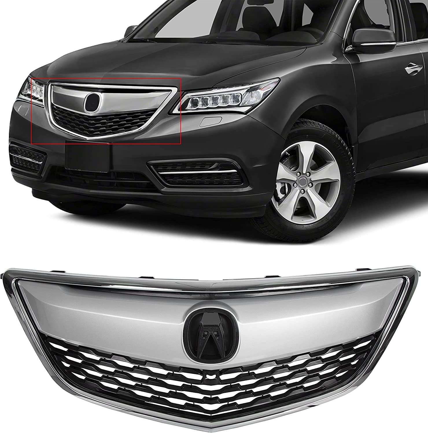 HECASA Front Grille Cover Compatible with 2014-2016 ACURA MDX Silver Black Replacement for AC1200121 75101TZ5A01