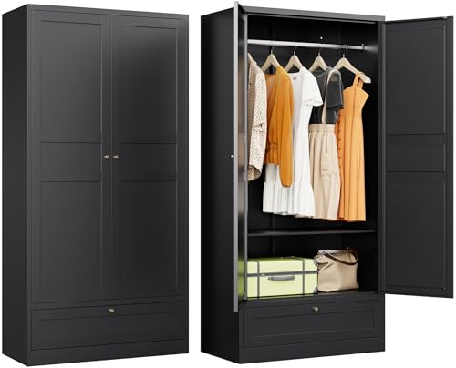 Metal Wardrobe Cabinet,Armoire Wardrobe Closet with doors,White Metal Clothing Storage Cabinet with Adjustable Shelves and Hanging Rod