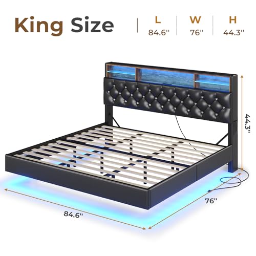 ADORNEVE King Size Floating Bed Frame with LED Lights & Hidden Storage Headboard