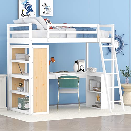 Twin Loft Bed with Staircase, Desk and Wardrobe, Wood Loft Bed with Storage Shelves and Safety Guardrail