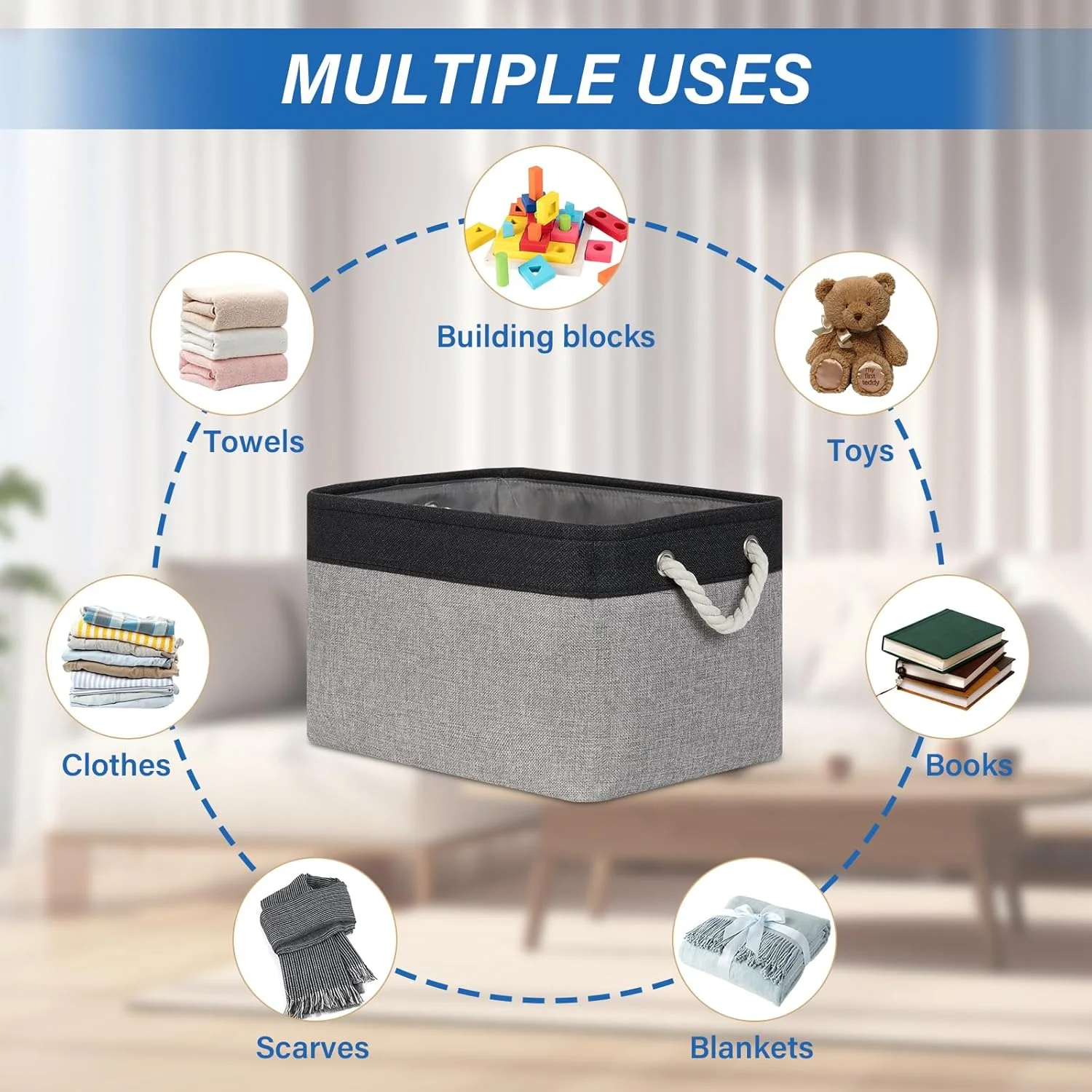 Fabric Storage Baskets 4Pack Storage Bins Decorative Basket for Gift, Clothes Bin with Rope Handle, Rectangle Baskets for Storage, Blankets(Black&amp