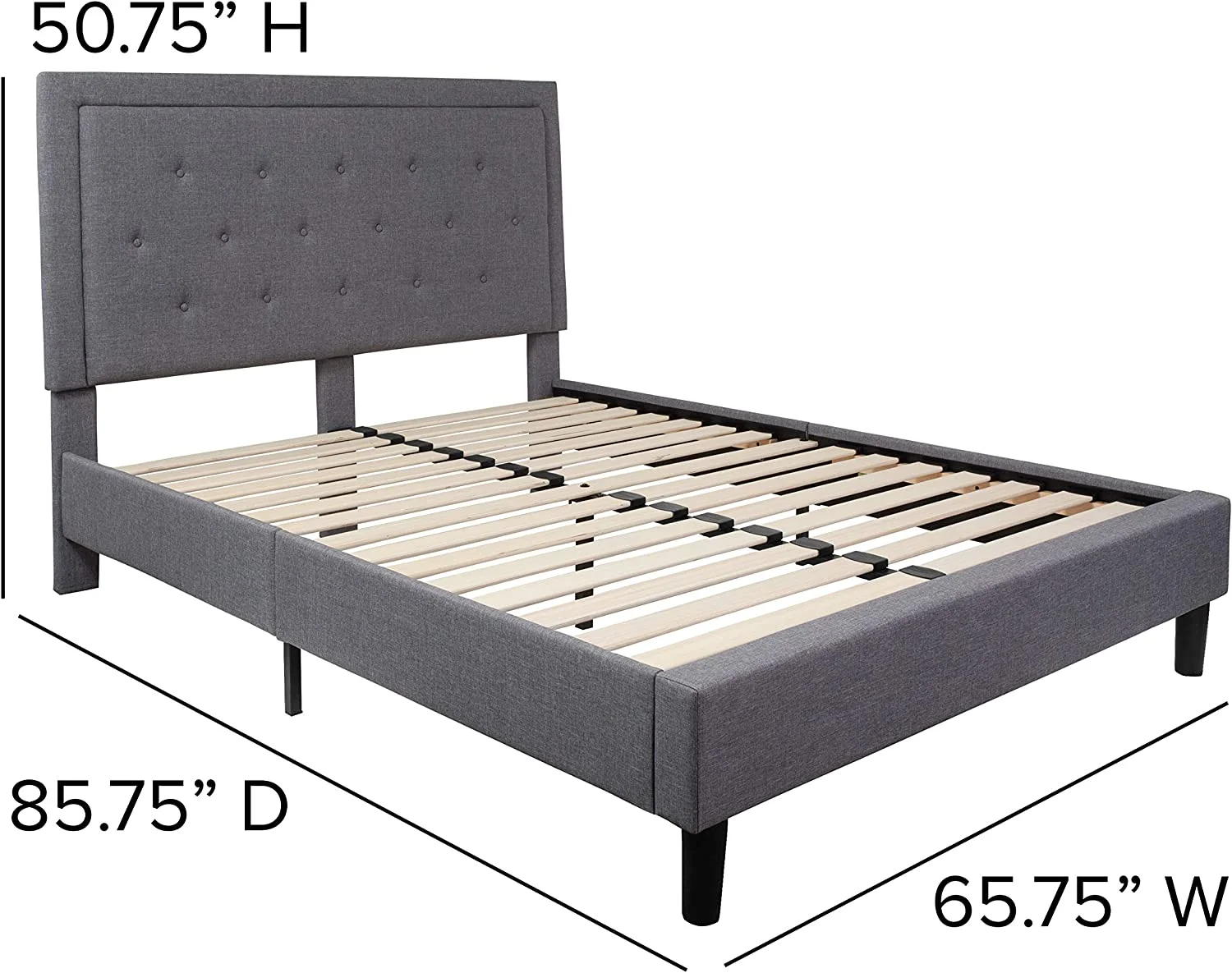 Queen Size Panel Tufted Platform Bed In Light Gray Fabric