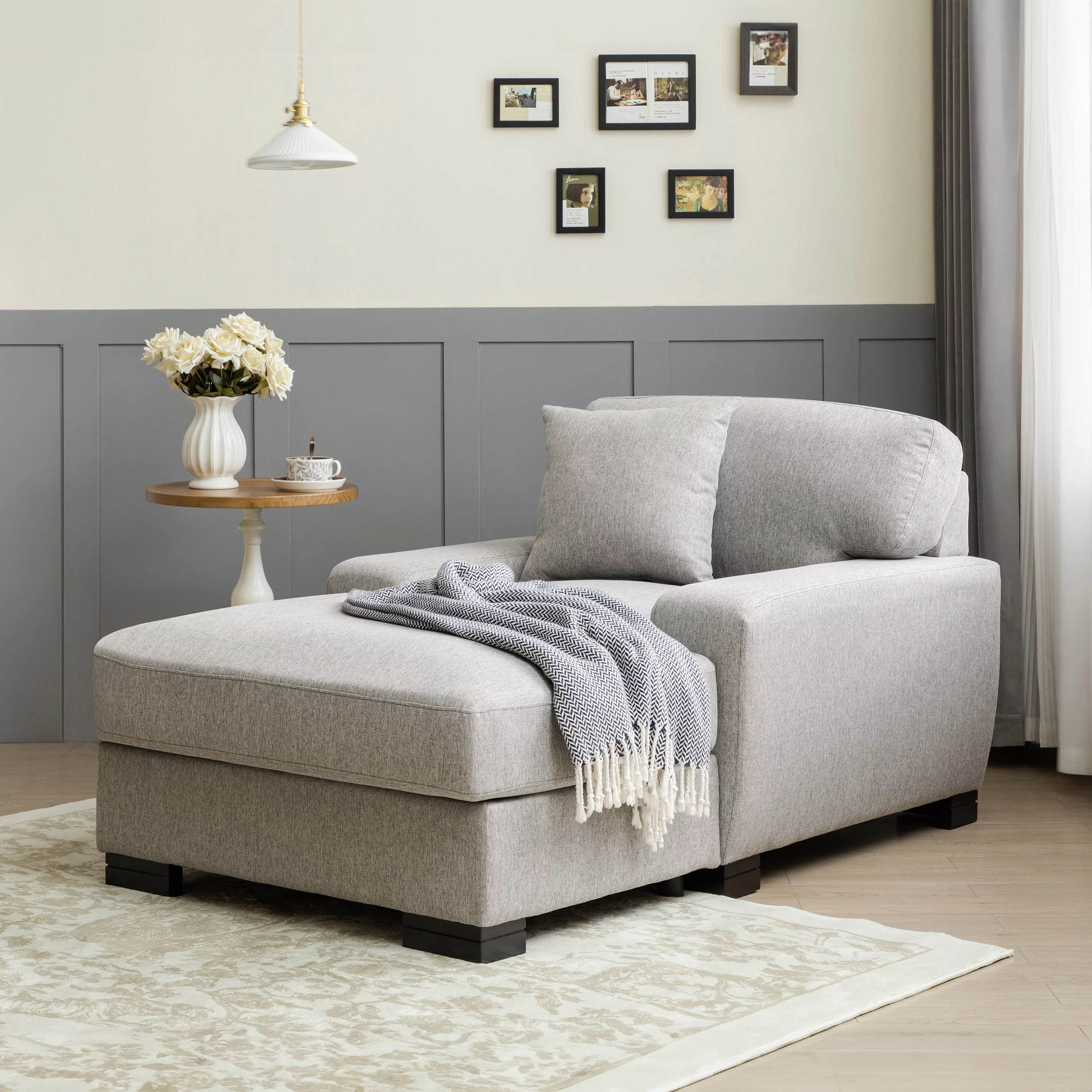 EUROCO 37.4"W Modern Mid-Century Indoor Oversized Chaise Lounger Comfort Sleeper Sofa with Pillow and Soild Wood Legs, Velvet,Gray