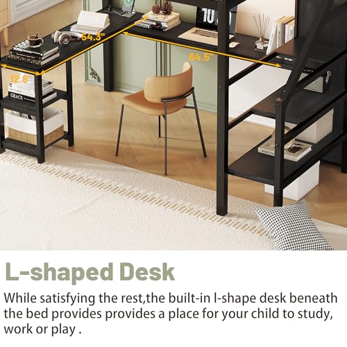 Queen Loft Bed with L-Shaped Desk and Stairs,Metal Queen Size LoftBed with Wardrobe and Adjustable Shelf, Gaming Bed with LED and USB