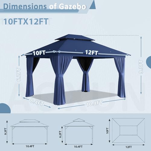 Aoxun 10'x12' Outdoor Patio Gazebo, Heavy Duty Party Tent with Wind-Resistant Ropes