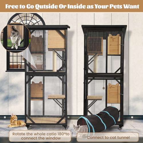 MAGIC UNION 71" Catio Outdoor Cat Enclosure Window Access, 4 Tiers Cats Playpen Catio with Wheels, Resting Box & Waterproof Roof