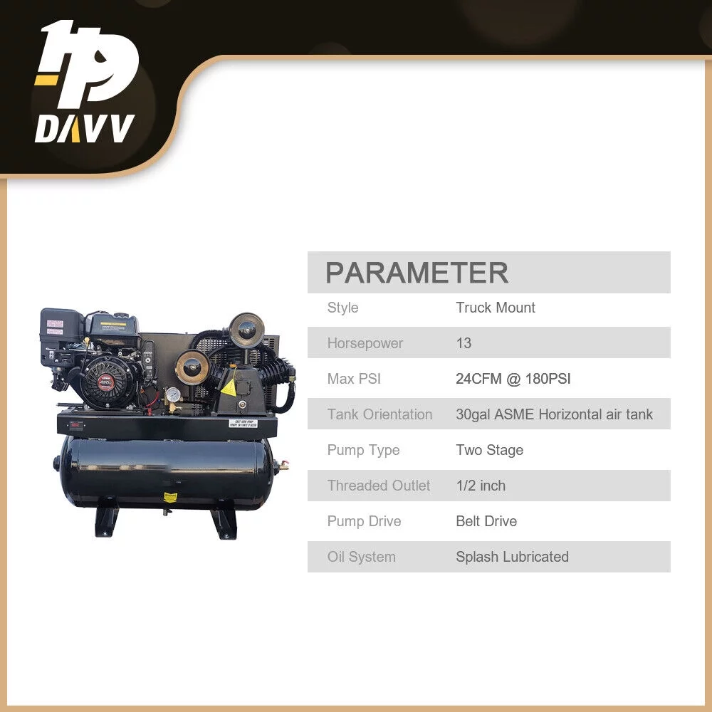 HPDAVV 13HP Gas-Powered 180psi Air Compressor 420CC Engine 30Gal Tank 24cfm 2 Stage