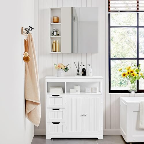 Yaheetech Bathroom Floor Cabinet, Wooden Storage Organizer with 3 Drawers and 2 Open Shelves