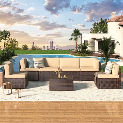U-MAX 7 Piece Outdoor Patio Furniture Set, PE Rattan Outdoor Wicker Sectional Furniture Chair Set with Cushions and Tea Table