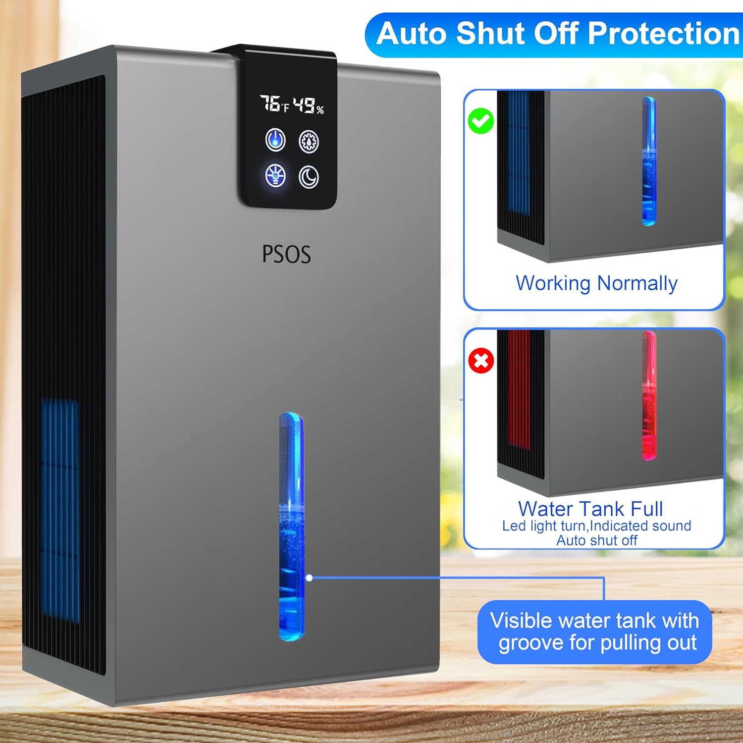 PSOS Dehumidifier, 99 oz Dehumidifiers for Basement, Quiet Small Dehumidifiers for Bedroom with Auto Shut Off