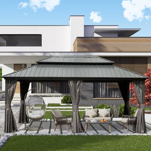 Domi 10' x 10' Hardtop Gazebo Outdoor Metal Gazebo with Galvanized Steel Double Roof Canopy, Curtains and Netting for Patio, Backyard, Deck