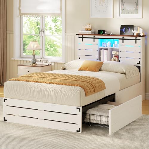 VIAGDO Wooden Bed Frame Queen Size with Bookcase Headboard and Sliding Barn Door, Farmhouse Queen Bed Frame with Charging Station