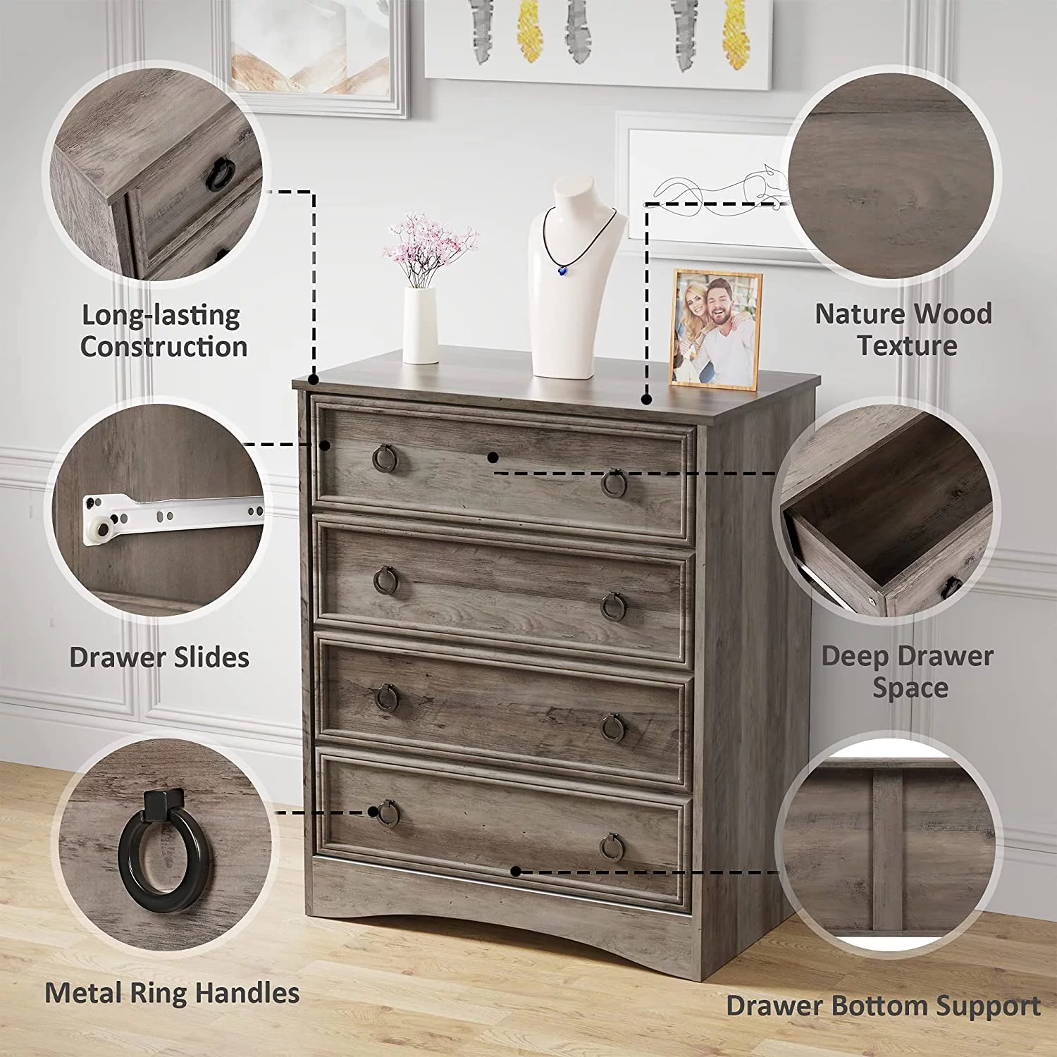 LGHM 4 Drawer Dresser, Modern Wood Chest Dresser for Bedroom Livingroom Gray