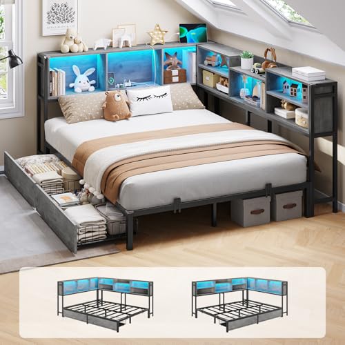DICTAC Corner Twin Bed Frame with Bookcase Storage and Led Lights Metal Twin Size Platform Beds with Storage and Charging Station Twin Daybed with 2
