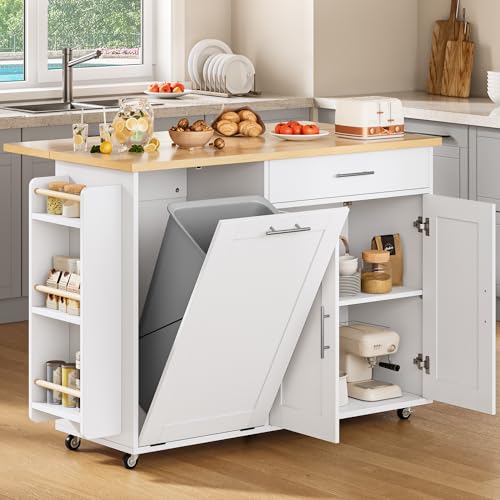 Kitchen Island with Storage, 31.5" D Rolling Kitchen Island Cart on Wheels with Widen Drop Leaf Rubberwood Top