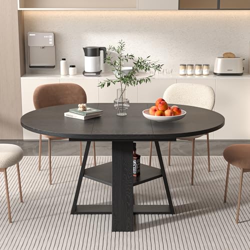 43.3in-59in Extendable Round Dining Table for 4-8,Modern Kitchen Oval Dining Table with Removable Leaves Space Saving