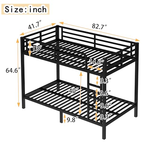 Heavy Duty Bunk Bed Frame with Ladder, Twin XL Over Twin XL Bunk Beds with Safety Guardrails, Adults Bunk Beds with Noise-Reducing Rubber Stoppers