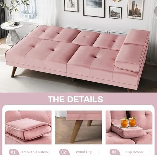 NLIBOOMLife Futon Couch Sofa Bed Convertible Folding Small Sleeper Loveseat with Removable Armrests  Wood Legs  2 Cup Holders for Small Spaces