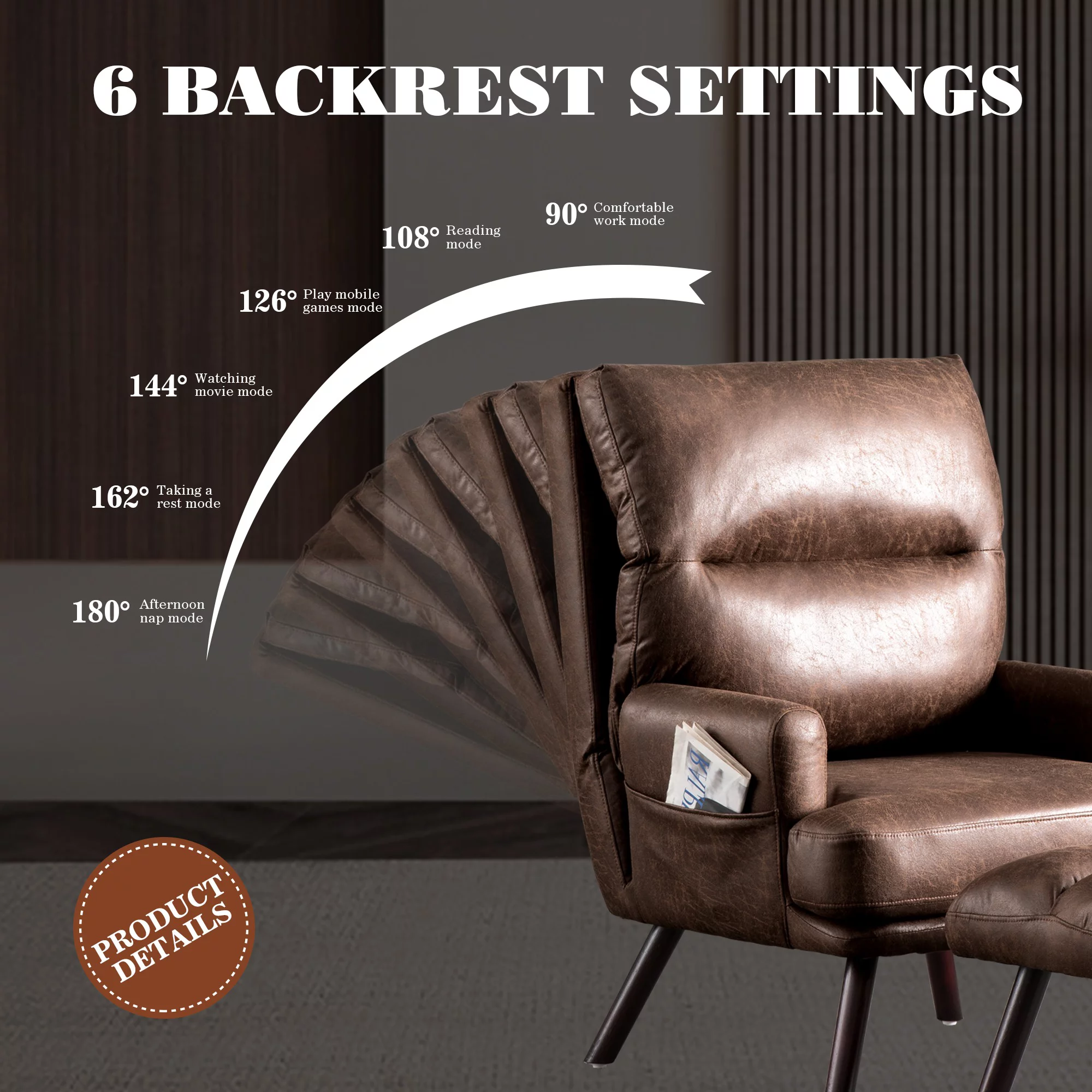 Ovios Living Room Chair with Ottoman Modern Accent Chair with Adjustable Backrest and a Side Pocket
