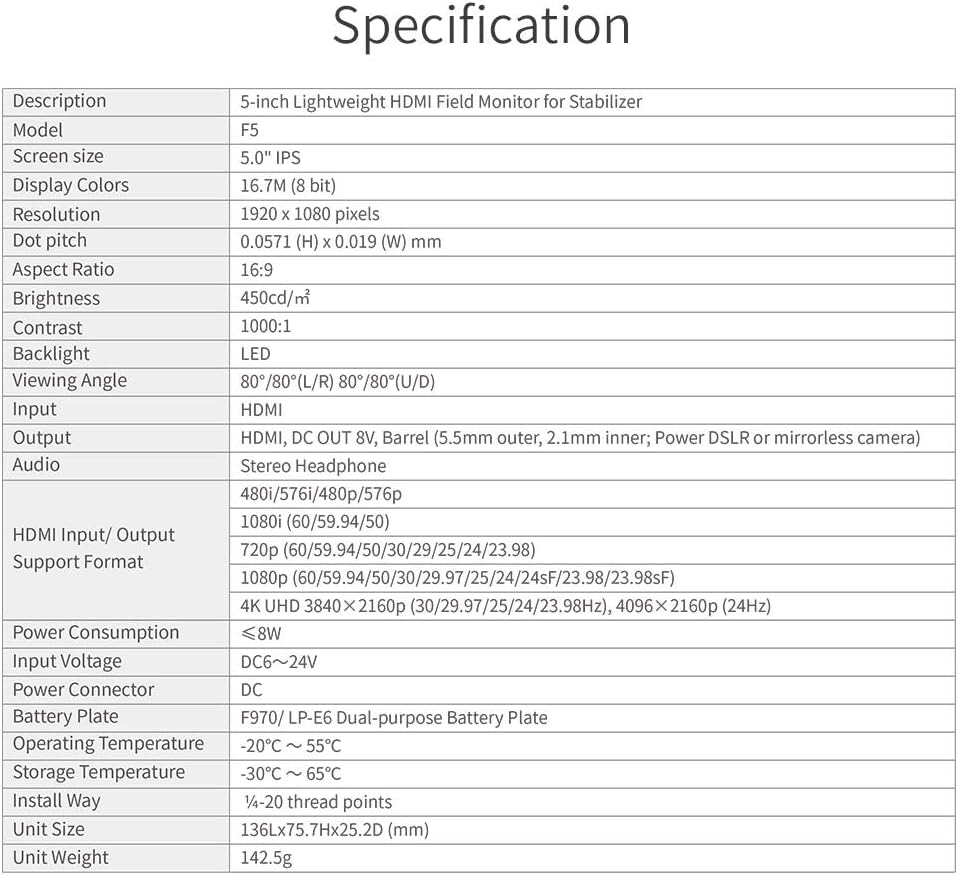FEELWORLD F5 5 Inch DSLR On Camera Field Monitor Small Full HD 1920x1080 IPS Video Peaking Focus Assist with 4K HDMI 8.4V DC Input Output Include