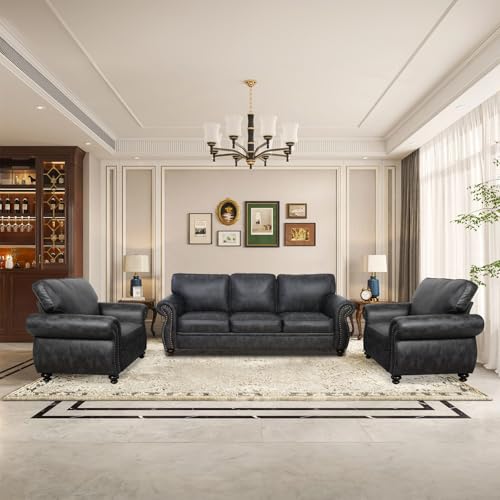 Mid-Century Vintage Sofa Couches with Rivet Design,3-Seater Sofa,Removable Sofa Cover Upholstered Cushions and Solid Wood Frame (Brown, 3-Seater)