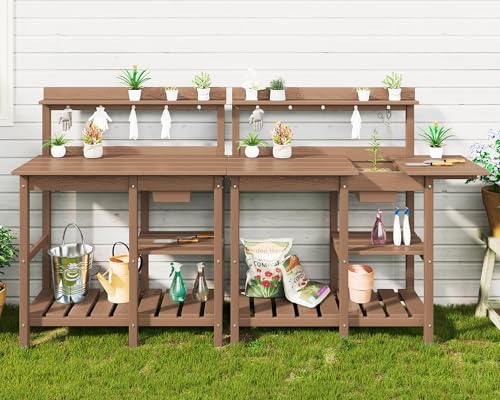 SERWALL Potting Bench Outdoor Potting Table with Sink, HDPE Potting Benches for Outside Gardening Table All Weather Use- Black