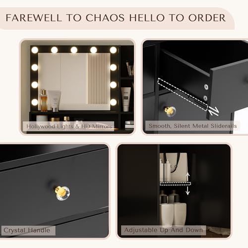Vanity Desk with Mirror and Lights, Diamond Edition Vanity Desk, Makeup Vanity Table with 3 Drawers & 5 Open Shelves