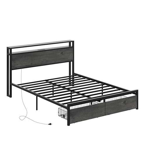 LIKIMIO King Bed Frame with Storage Headboard, Platform Bed with Drawers and Charging Station, No Box Spring Needed, Easy Assembly, Vintage Brown