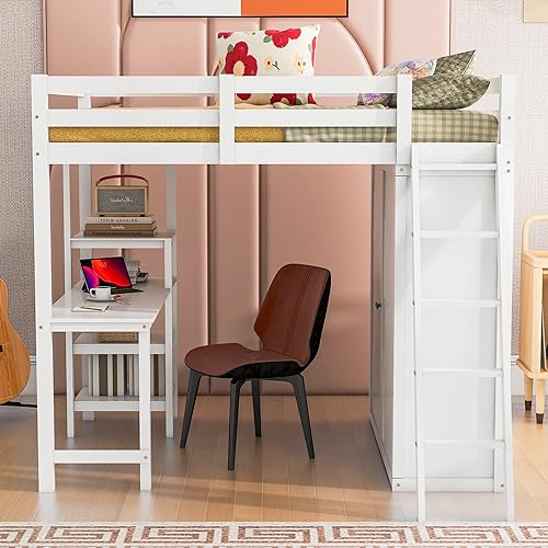 Harper & Bright Designs Full Size Loft Bed with Wardrobe and Desk, Solid Wood Loft Bed Frame with Storage, for Kids Teens Adults (Full Size, White)